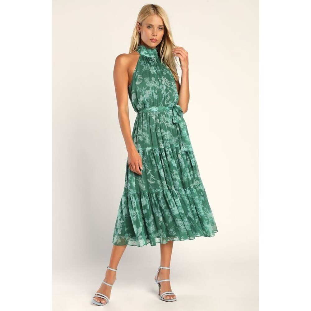 Float to You Green Floral Print Halter Tiered Midi Dress worn once on easter